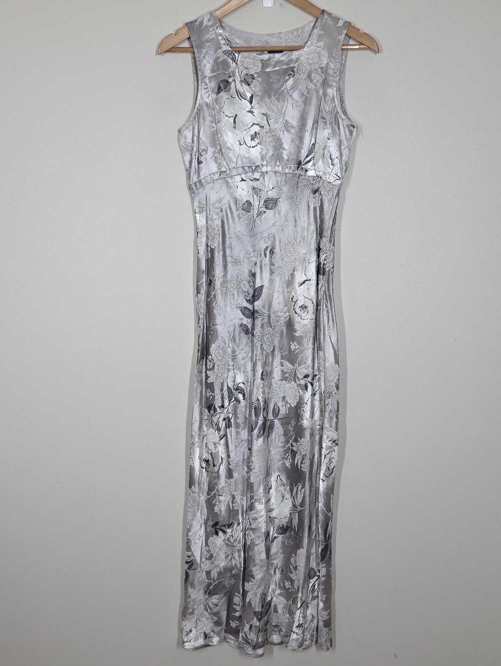Vtg 90s Y2K Silver Gray Floral Jaquard Maxi Dress Fairy Grunge Whimsigoth Boho 5